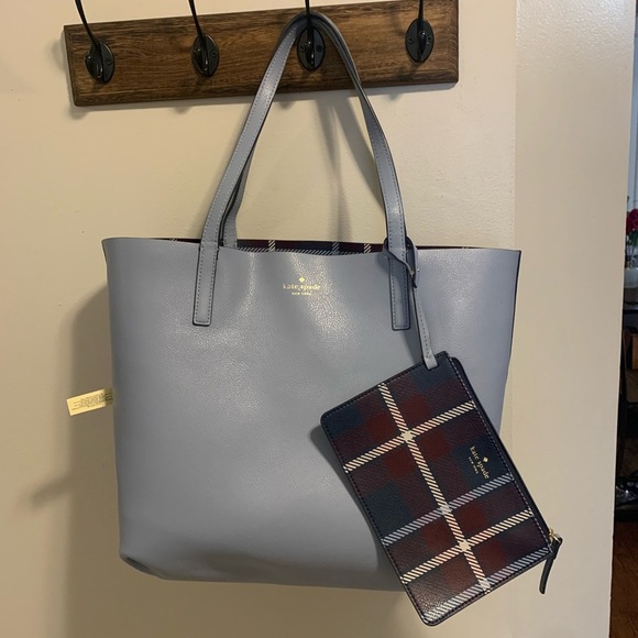 Kate Spade Blue and Brown Plaid Leather Tote Bag Set - Picture 7 of 8
